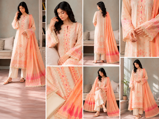 3 Pcs Women's Unstitched Printed Suit – Premium Lawn Dress Set