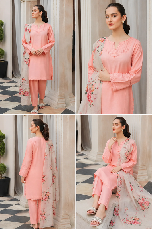 🌸 Peach Embroidered Lawn 3Pcs Set for Women – Unstitched Summer Suit