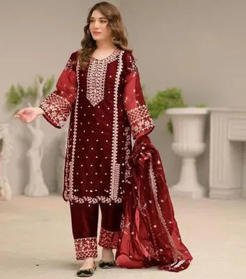 Maroon Embroidered 3-Piece Suit for Women – Elegant Festive & Party Wear Dress