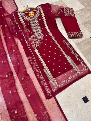Maroon Embroidered 3-Piece Suit for Women – Elegant Festive & Party Wear Dress