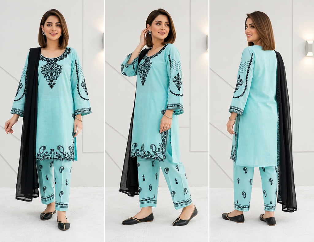 💙 Blue Embroidered 3 Piece Cotton Lawn Suit for Women | Elegant Dress