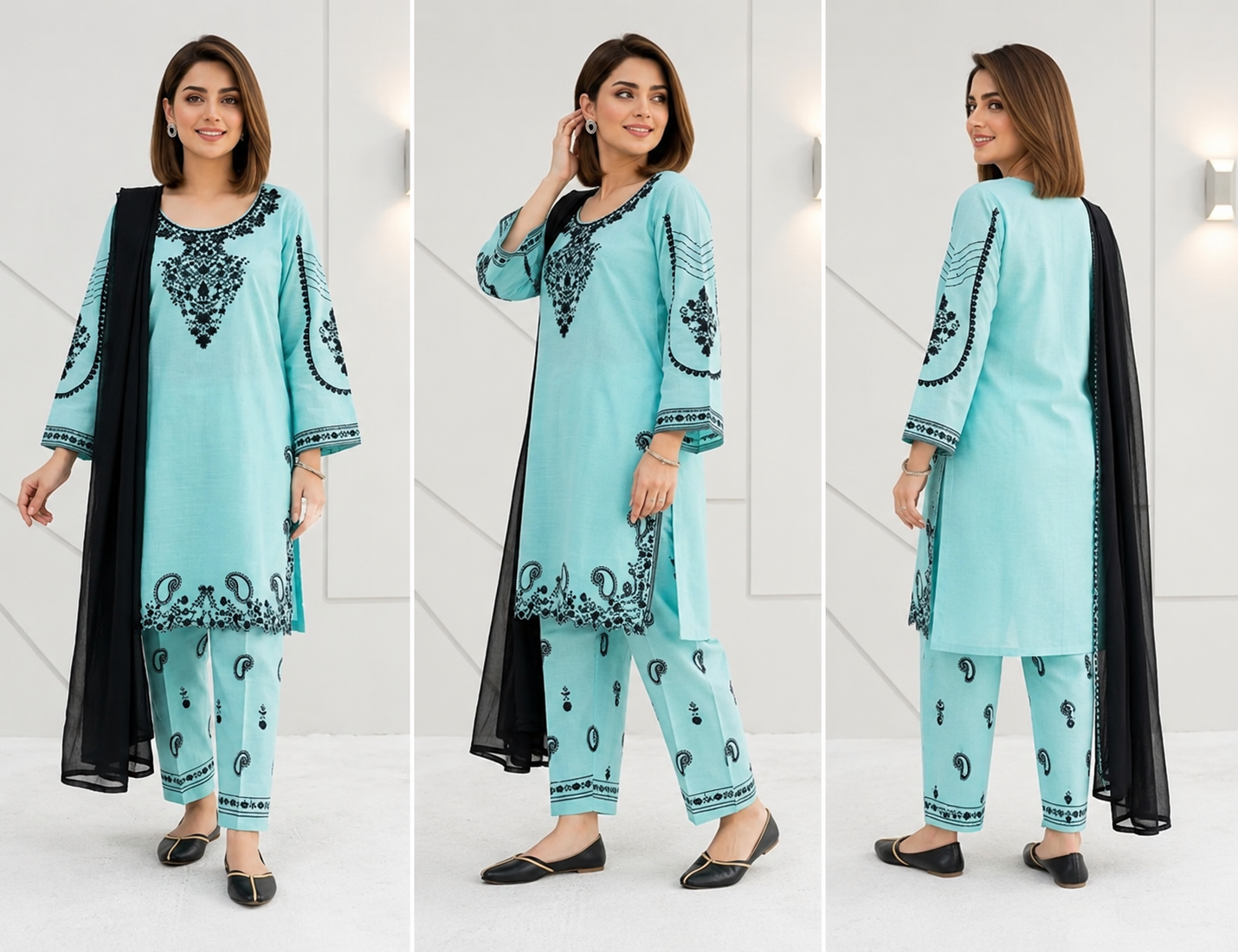 💙 Blue Embroidered 3 Piece Cotton Lawn Suit for Women | Elegant Dress