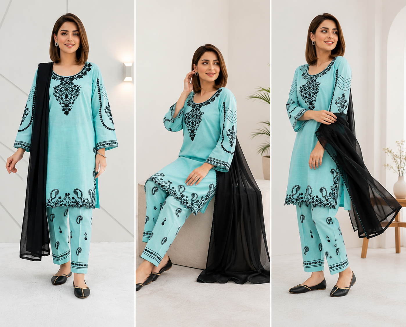 💙 Blue Embroidered 3 Piece Cotton Lawn Suit for Women | Elegant Dress