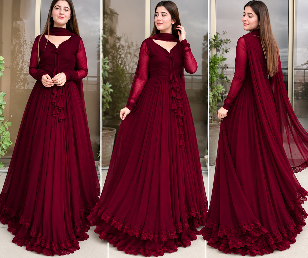 ✨ 3 Pcs Women's Stitched Chiffon Plain Maxi Suit | Maroon Luxury Flare Dress