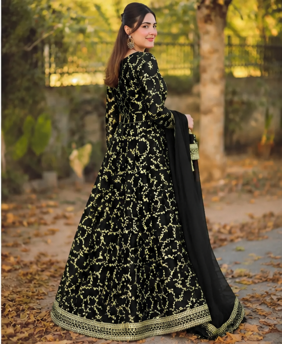 ✨ 3 Pcs Women's Stitched Chiffon Plain Maxi Suit | Black Luxury Flare Dress
