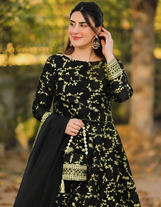 ✨ 3 Pcs Women's Stitched Chiffon Plain Maxi Suit | Black Luxury Flare Dress