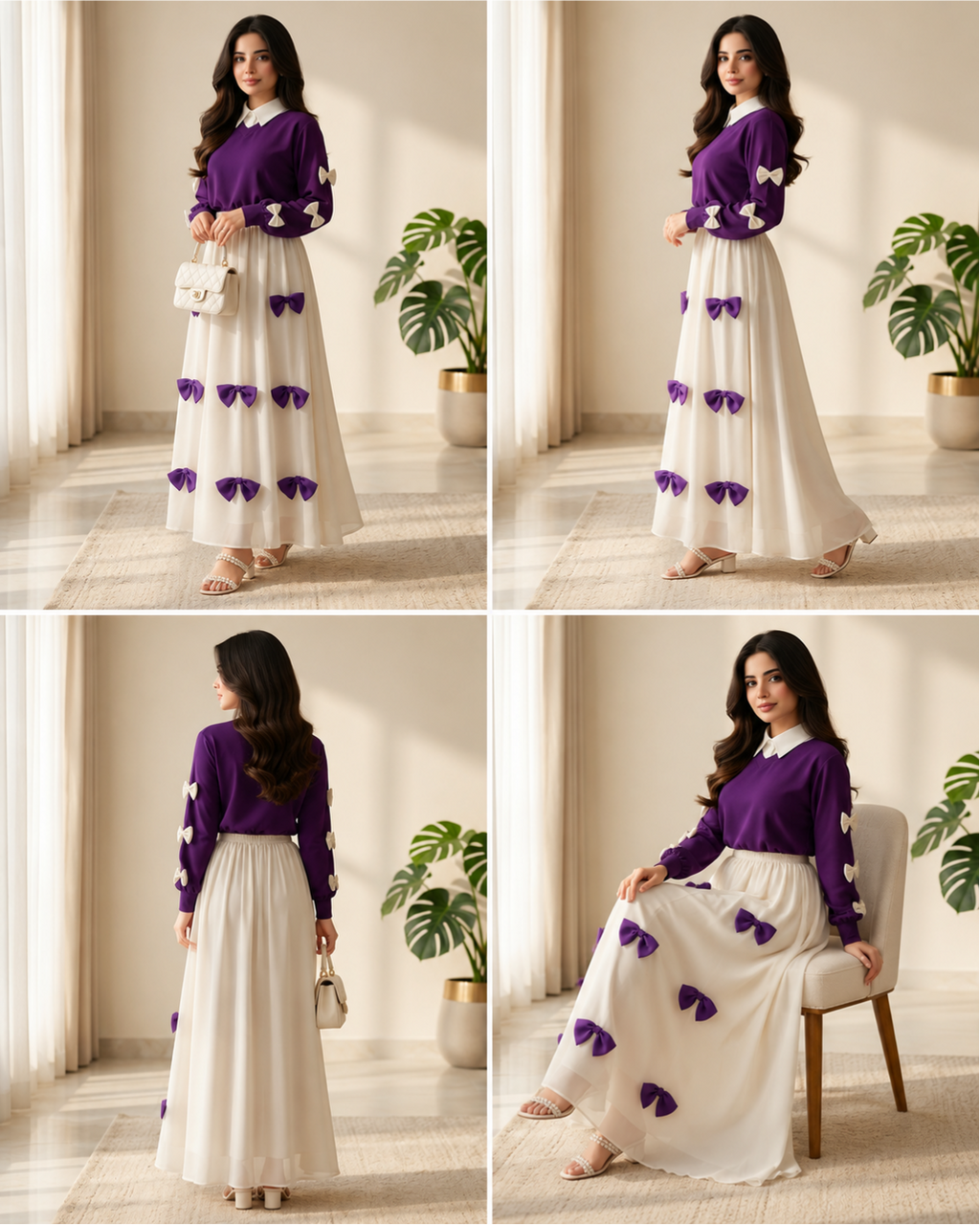 Purple Georgette 2Pc Set Maxi Jacket with Bow Stitching