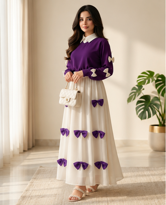 Purple Georgette 2Pc Set Maxi Jacket with Bow Stitching
