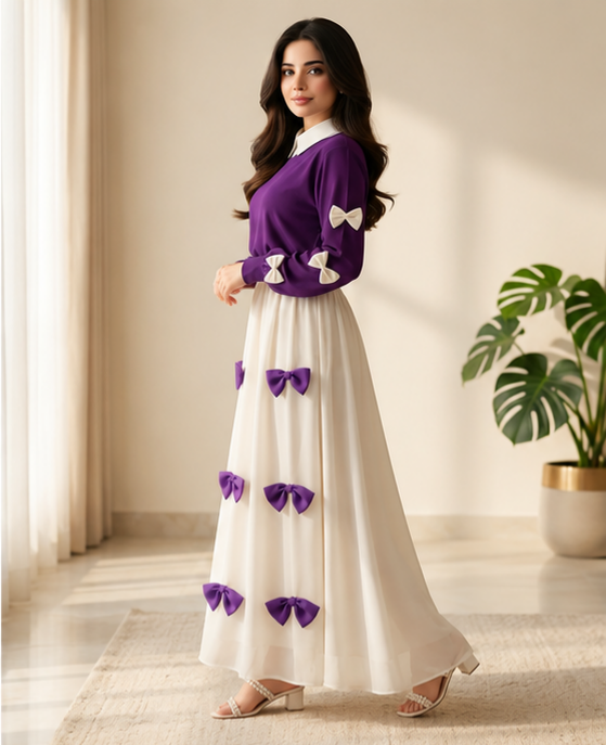 Purple Georgette 2Pc Set Maxi Jacket with Bow Stitching