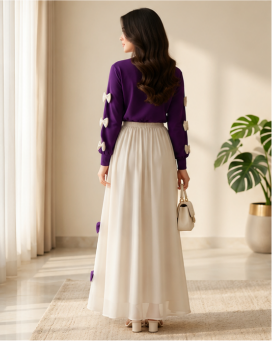 Purple Georgette 2Pc Set Maxi Jacket with Bow Stitching