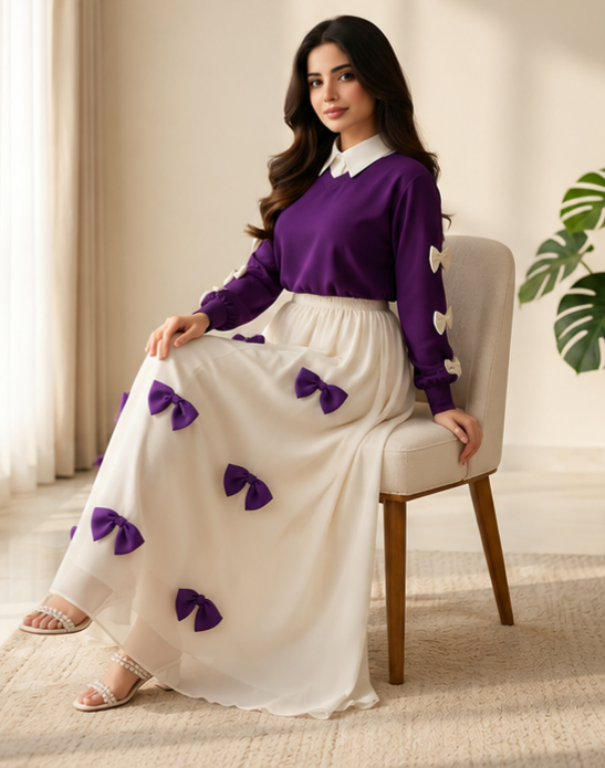 Purple Georgette 2Pc Set Maxi Jacket with Bow Stitching