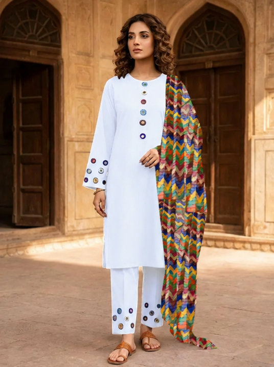 3 Pcs Women's Stitched Cotton Sheesha Work Suit