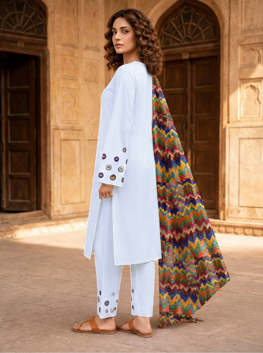 3 Pcs Women's Stitched Cotton Sheesha Work Suit