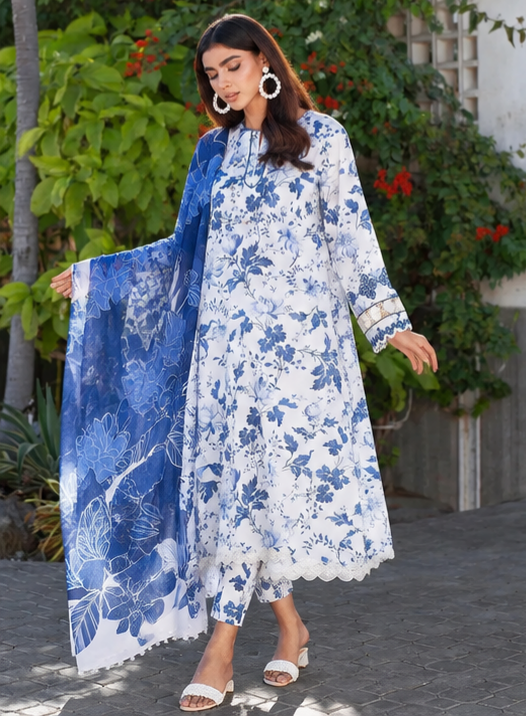 LAWAN 3P Blue Floral Kurta Set for Women | Premium Lawn 3 Piece Suit
