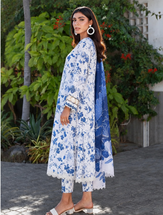 LAWAN 3P Blue Floral Kurta Set for Women | Premium Lawn 3 Piece Suit