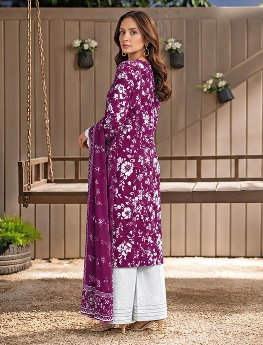 Purple Floral Printed Kurta Set with White Pants & Scarf | Women's 3 Piece Suit