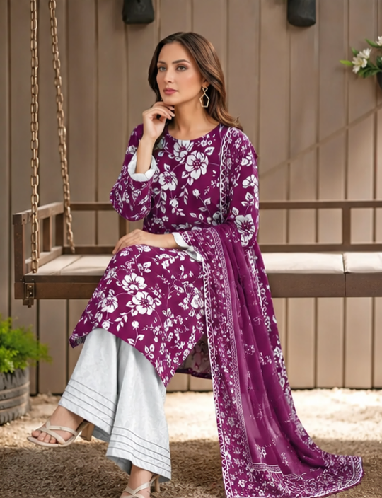 Purple Floral Printed Kurta Set with White Pants & Scarf | Women's 3 Piece Suit