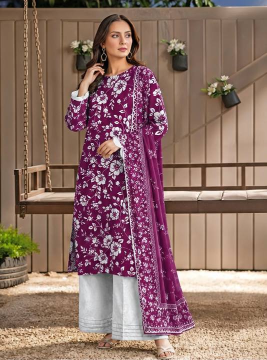 Purple Floral Printed Kurta Set with White Pants & Scarf | Women's 3 Piece Suit