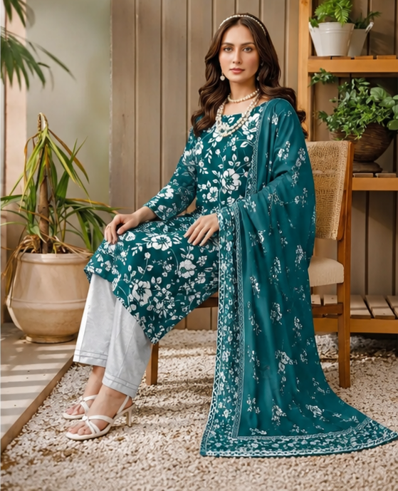 Blue Digital Print Lawn 3Pcs Set for Women | Premium Stitched Lawn Suit