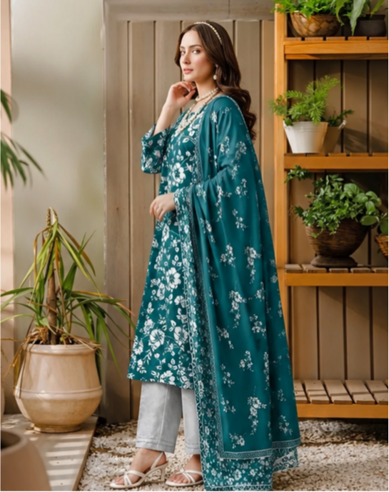 Blue Digital Print Lawn 3Pcs Set for Women | Premium Stitched Lawn Suit