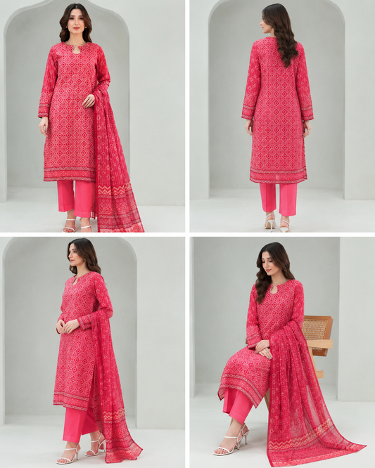 Pink Printed 3-Piece Lawn Suit for Women – Unstitched Summer Collection