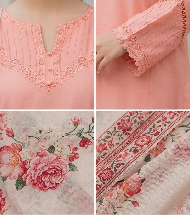🌸 Peach Embroidered Lawn 3Pcs Set for Women – Unstitched Summer Suit