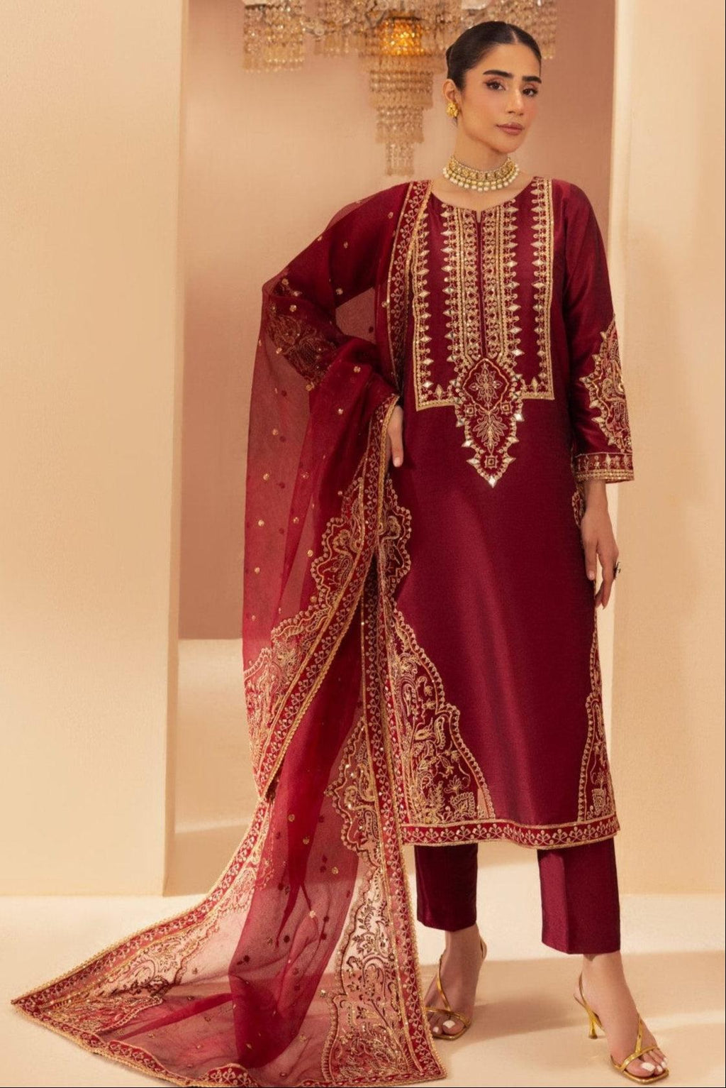 Maroon Embroidered 3-Piece Suit for Women – Elegant Festive & Party Wear Dress