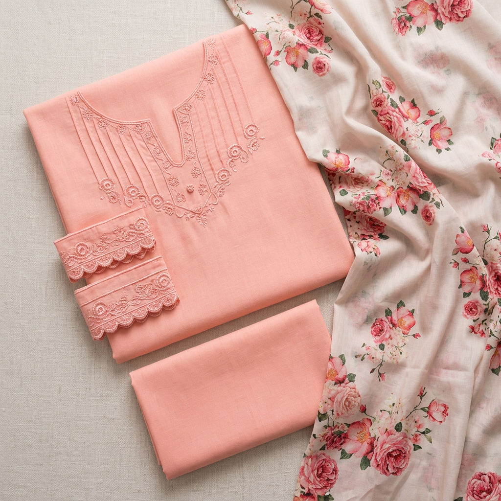 🌸 Peach Embroidered Lawn 3Pcs Set for Women – Unstitched Summer Suit