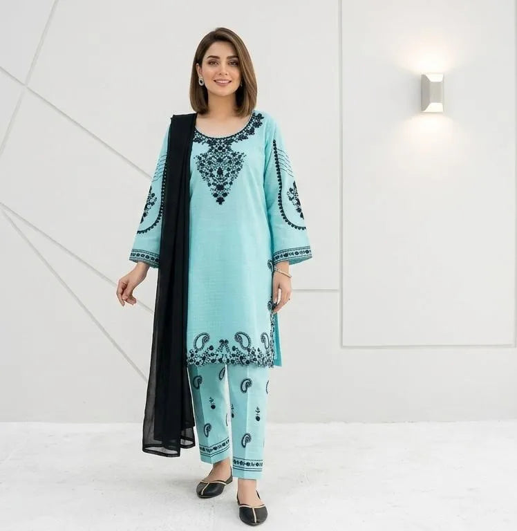 💙 Blue Embroidered 3 Piece Cotton Lawn Suit for Women | Elegant Dress
