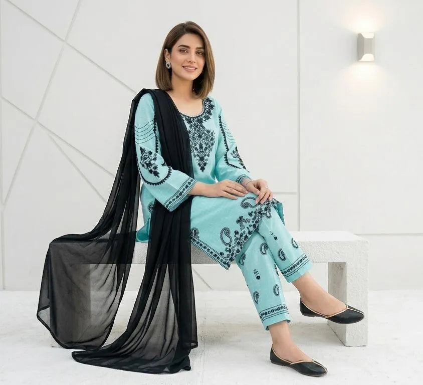 💙 Blue Embroidered 3 Piece Cotton Lawn Suit for Women | Elegant Dress