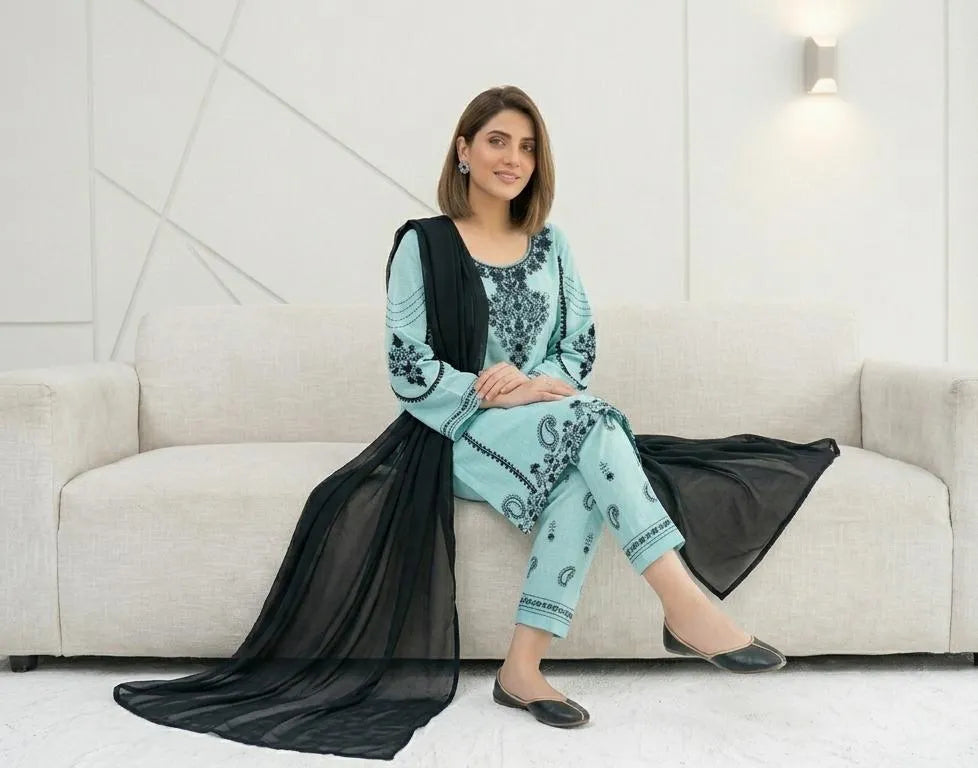 💙 Blue Embroidered 3 Piece Cotton Lawn Suit for Women | Elegant Dress