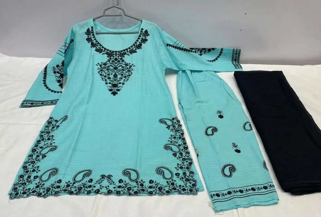 💙 Blue Embroidered 3 Piece Cotton Lawn Suit for Women | Elegant Dress