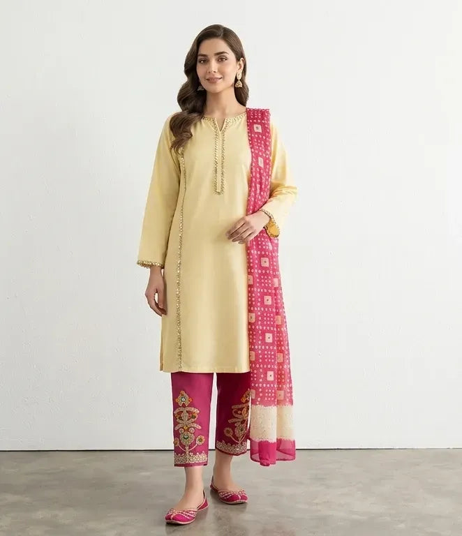 Pakistani Yellow Embroidered 3-Piece Lawn Suit with Dupatta 💛