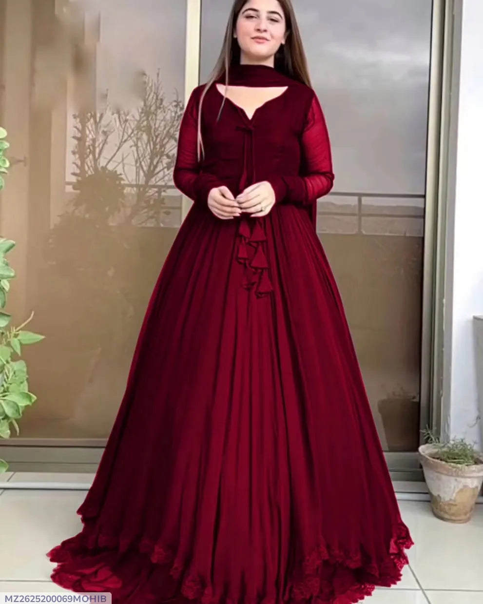 ✨ 3 Pcs Women's Stitched Chiffon Plain Maxi Suit | Maroon Luxury Flare Dress