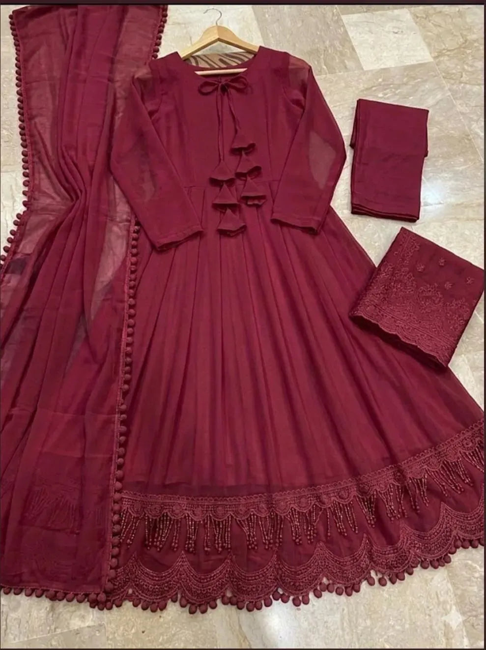✨ 3 Pcs Women's Stitched Chiffon Plain Maxi Suit | Maroon Luxury Flare Dress