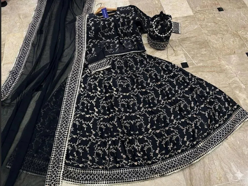 ✨ 3 Pcs Women's Stitched Chiffon Plain Maxi Suit | Black Luxury Flare Dress