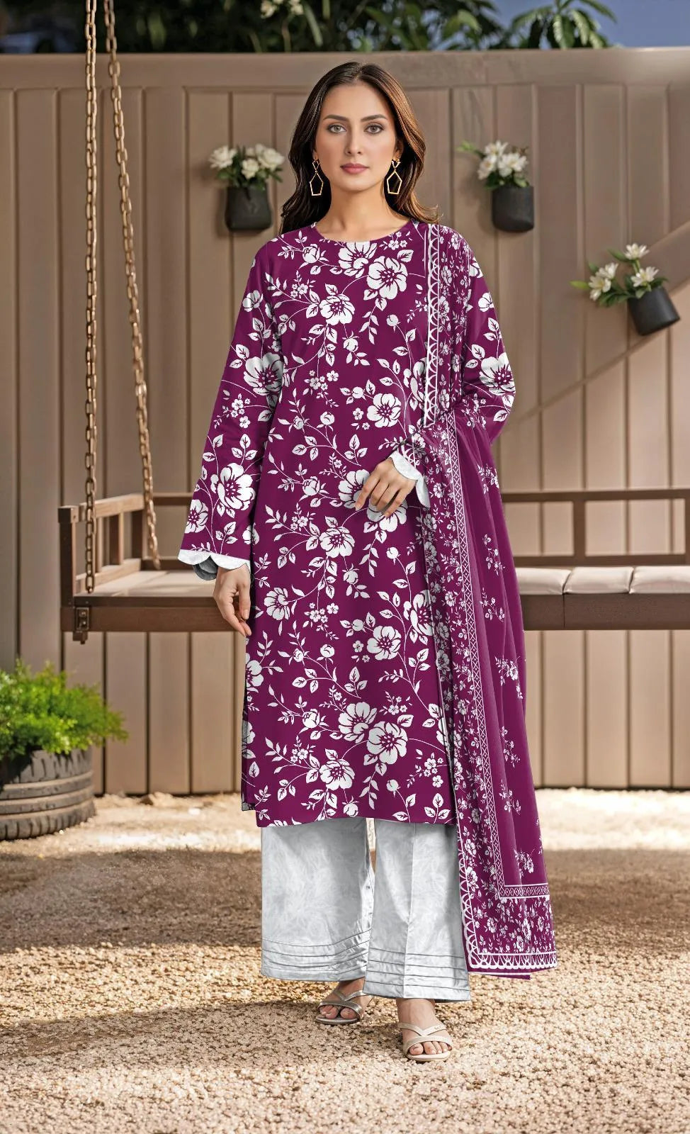 Purple Floral Printed Kurta Set with White Pants & Scarf | Women's 3 Piece Suit