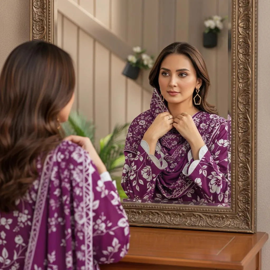 Purple Floral Printed Kurta Set with White Pants & Scarf | Women's 3 Piece Suit
