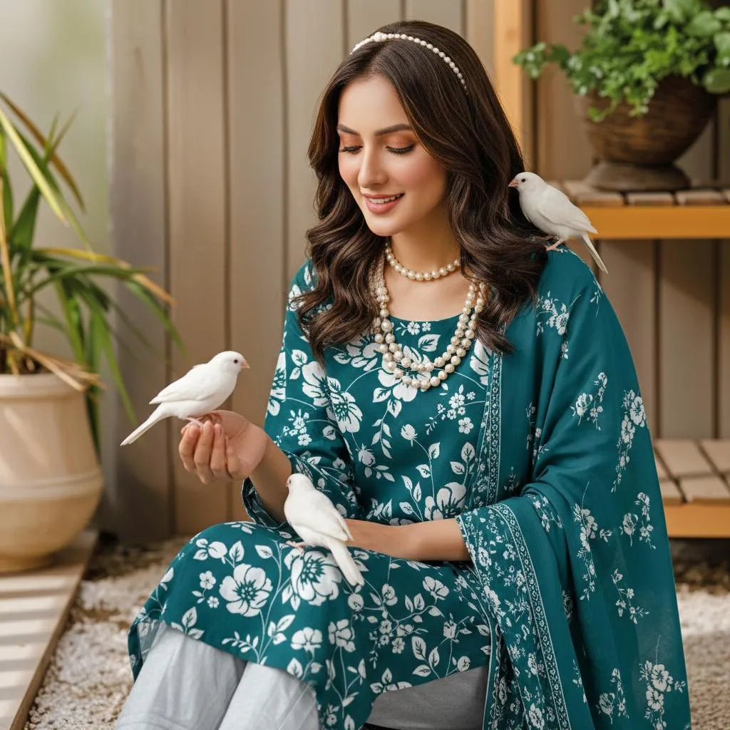 Blue Digital Print Lawn 3Pcs Set for Women | Premium Stitched Lawn Suit