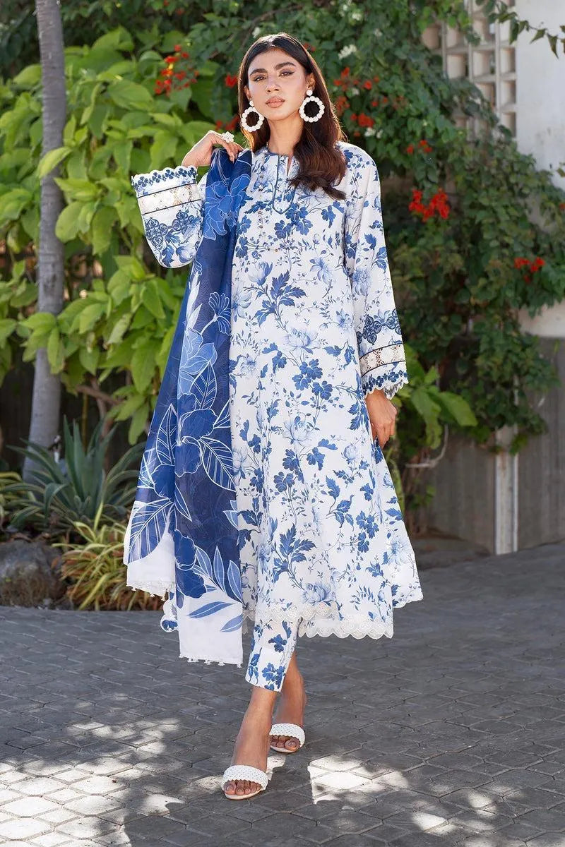 LAWAN 3P Blue Floral Kurta Set for Women | Premium Lawn 3 Piece Suit