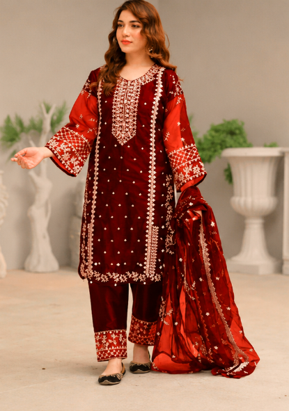 Maroon Embroidered 3-Piece Suit for Women – Elegant Festive & Party Wear Dress
