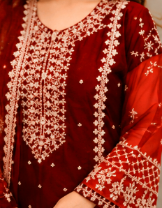 Maroon Embroidered 3-Piece Suit for Women – Elegant Festive & Party Wear Dress