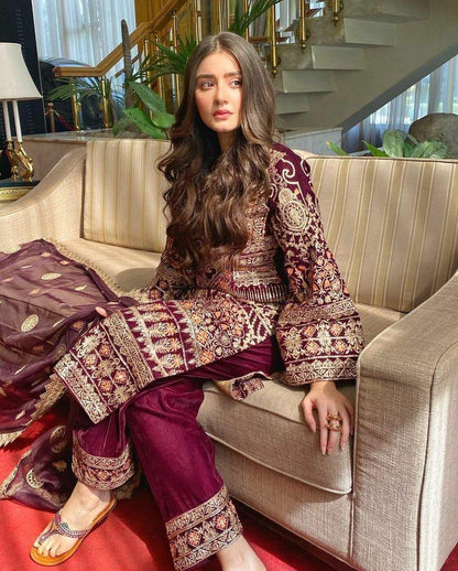 Maroon Embroidered 3-Piece Suit for Women – Elegant Festive & Party Wear Dress